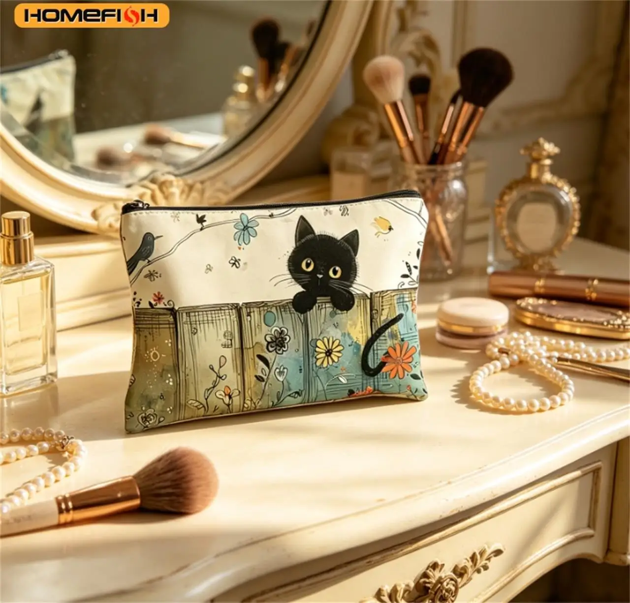 HOMEFISH Black Cat Floral Zipper Pouch - Durable, Fade-Resistant Cosmetic Bag, Gift for Sisters, Friends, Cat Lovers | Vibrant image 2