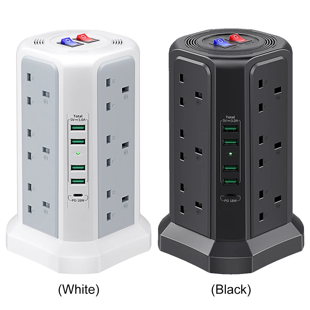 UK 1.8M Tower Extension Lead with USB Slots 13A 3250W PD18W Multi Plug Socket Tower Power Strip with Switch Plug Extension Tower