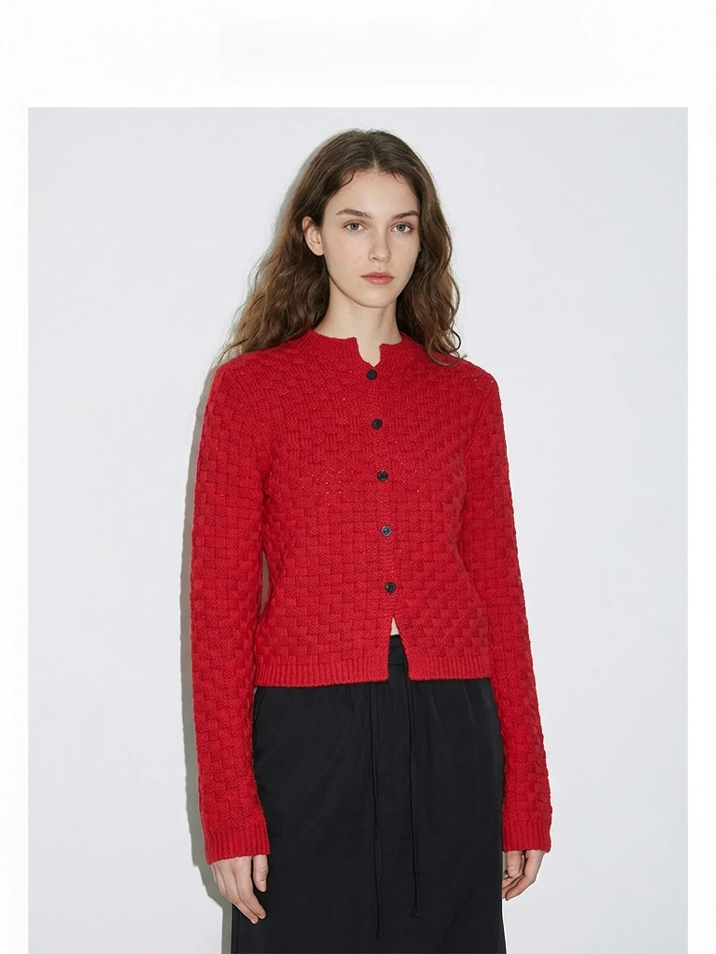 

Early Spring Red Knitted Cardigan Women's round Ne ort Australian Wool Jaet Retro Sle Bubble Sve French Sle Soft...