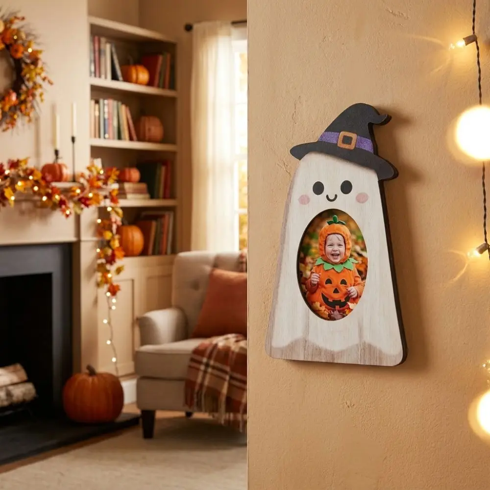 Creative Cute Halloween Ghost Picture Frame Handmade Rustic Pumpkin Shaped Photo Frame Wooden Tabletop Frame Living Room