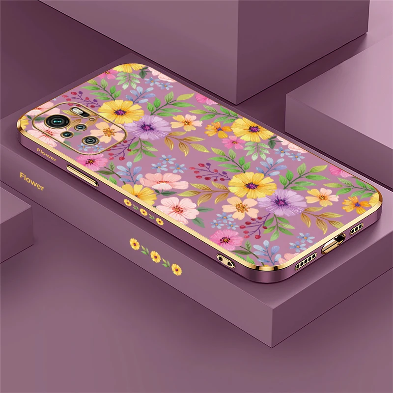 Phone Case For Xiaomi Redmi Note 10 11 13 Pro Plus 9S 12 tubor 10S 11S Flower Luxury Plating Silicone Shockproof Cover Coque