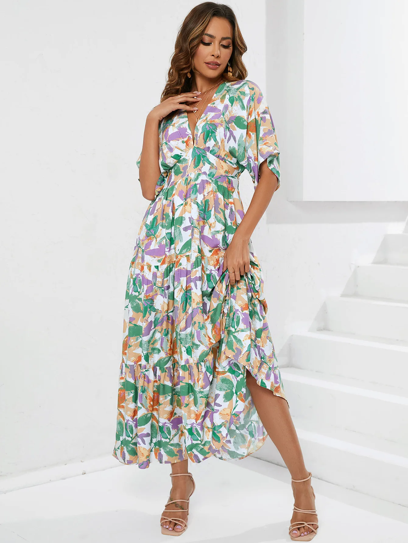 Women Backless Holiday Beach Dress Sexy Floral Print Deep V Neck Chiffon Dress Elegant Bat-sleeve High Waist Pleated Party Dress