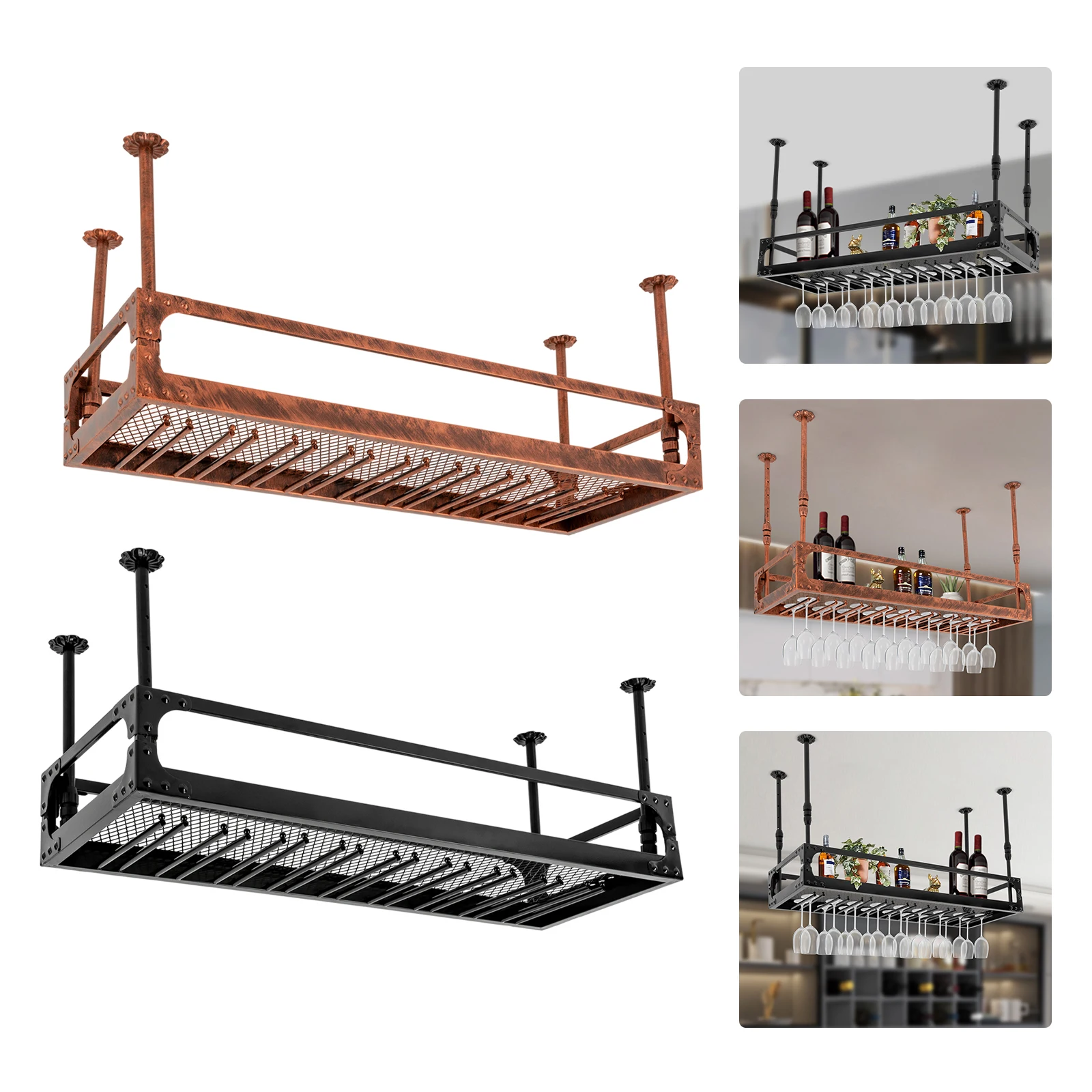 

Industrial Vintage Bar Floating Shelf, Wine Bottle Holder with Guardrail, Ceiling Mounted Champagne Shelf for Bars, Homes