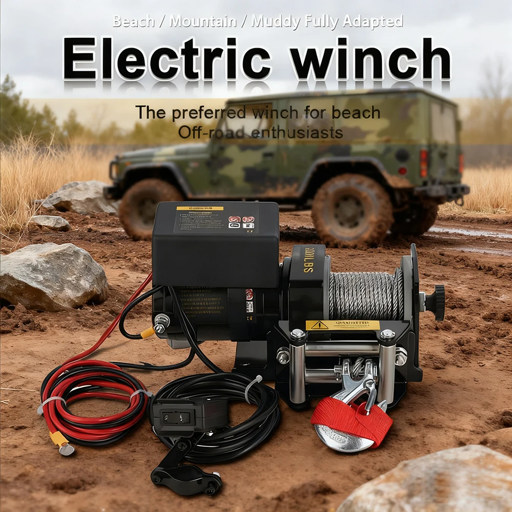 12 فولت/24 فولت 2000lb ونش كهربائي صغير شاطئ عربات التي تجرها الدواب ونش يده تيار مستمر ونش المحمولة سلك حبل ونش مع جهاز التحكم عن بعد اللاسلكي