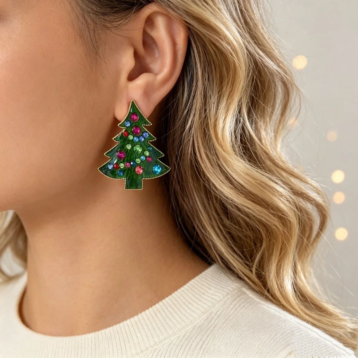 Bunte Strass-Ohrringe mit grüner Emaille, Weihnachtsbaum-Ohrstecker für Frauen, künstliche Perlen, Weihnachtsbaum-Ohrringe, Neujahrsparty-Schmuck – Detail 10