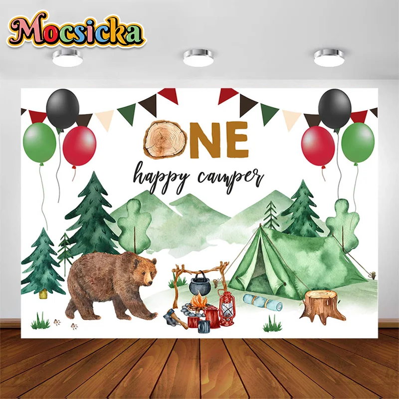 

One Happy Camper Backdrop Camping First Birthday Banner Forest 1st Happy Camper Party Decorations Adventure Boy Campfire Tent