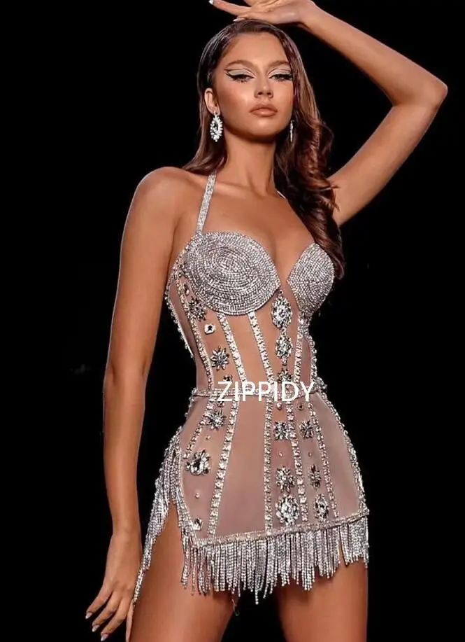 

Glisten Silver Crystals Finges Transparent Dress Rhinestones Chains Outfit Costume Birthday Celebrate Sexy Stage Performance