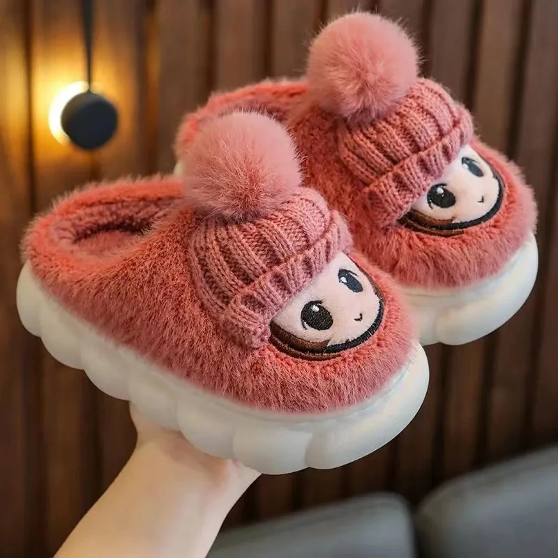 Cartoon Knitted Hat On Children Cotton Slipper Family Home Winter Indoor Casual Non-slip Soft Sole Plush Shoe Baby Girl Footwear