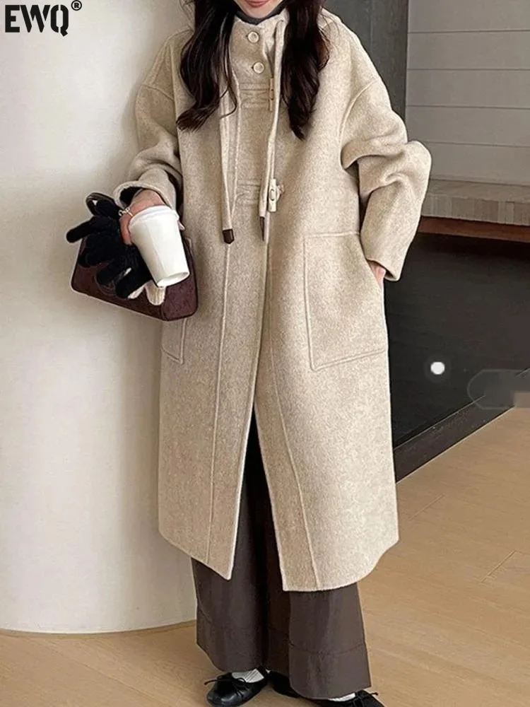 

[EWQ] Korean Loose Style Hooded Female Double-faced Cashmere Coat Winter Fashion Women Woolen Coats 2024 Autumn New Tide 16O1858