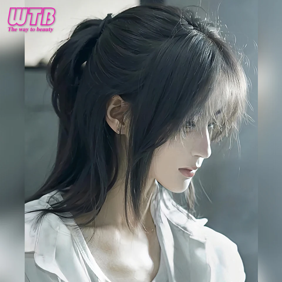 Peluca de cabeza de Mullet corta con flequillo para hombres, pelo negro liso sintético de Anime para fiesta diaria, Cosplay, resistente al calor