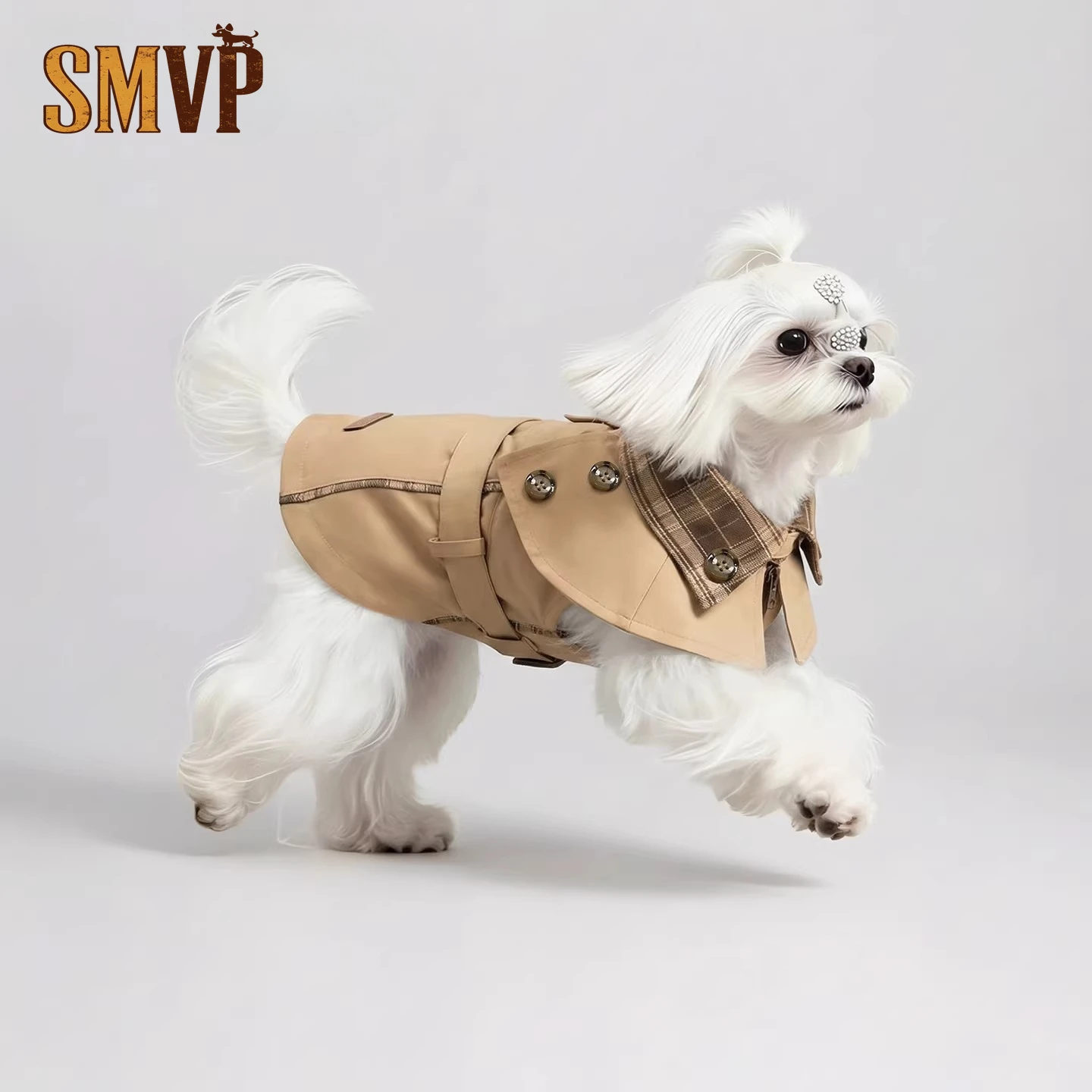 

British Style Dog Coat Beige Brown Plaid with Adjustable Straps DurablePolyester Pet Outerwear for Cold Weather Dog Overcoat