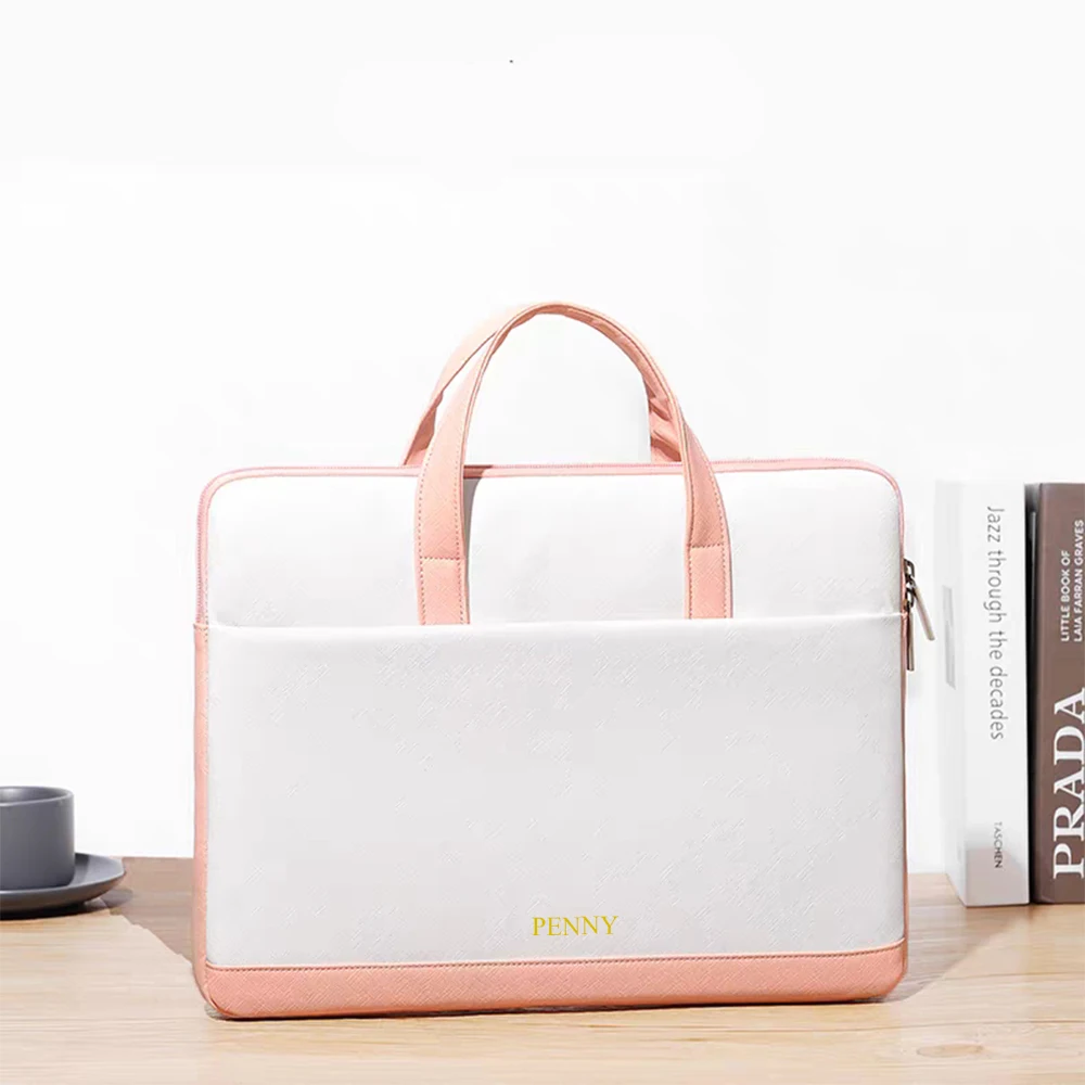 Large Capacity Custom Initials Laptop Bag PU Leather Business Office Student Briefcase Fashion Simple Notebook Computer Handbag
