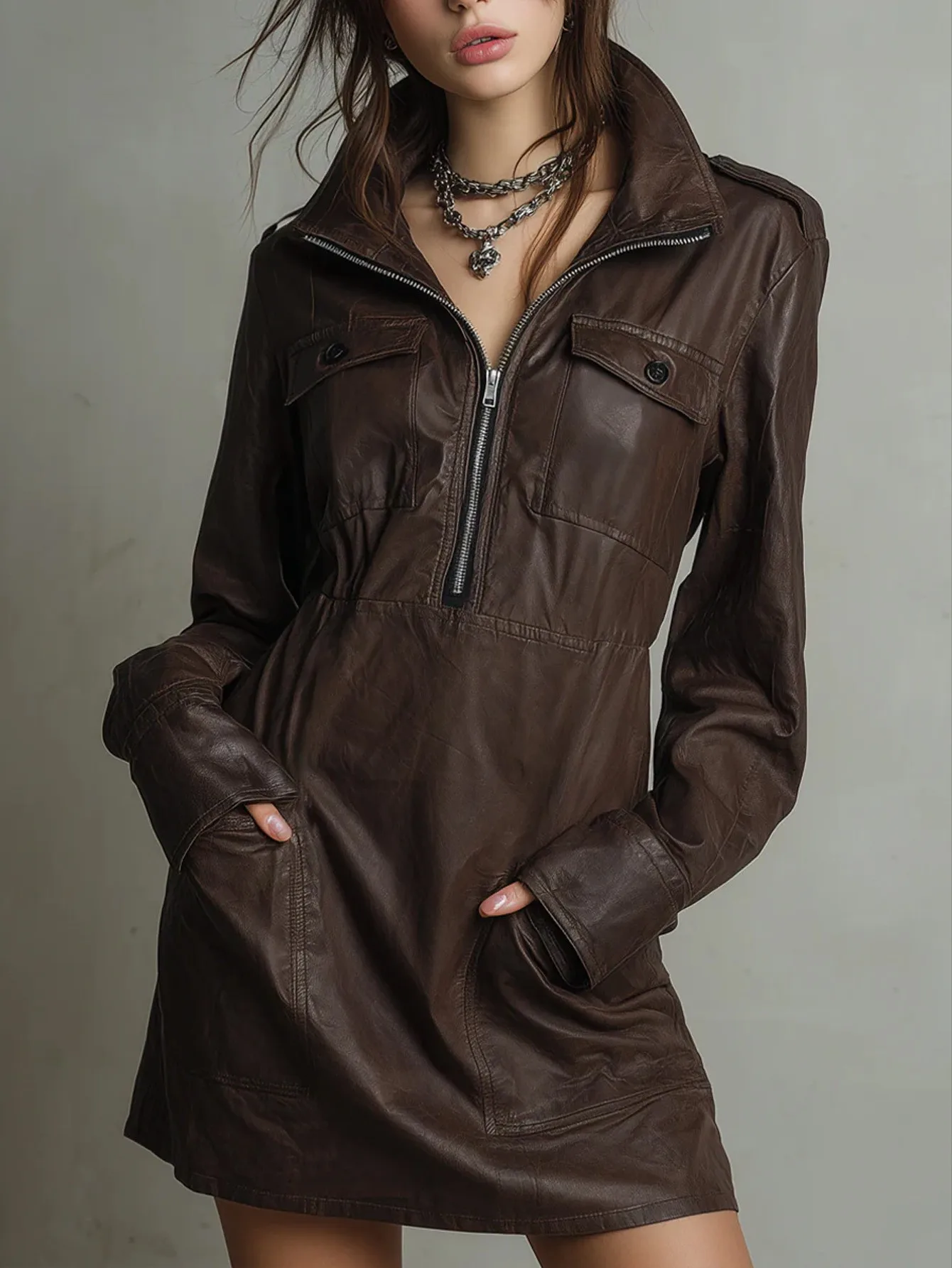 

Women's Leather Jacket Dress Faux Leather Long Sleeve Slim Fit Brown Leather Pencil Dress with Front Zipper and Flap Pocket
