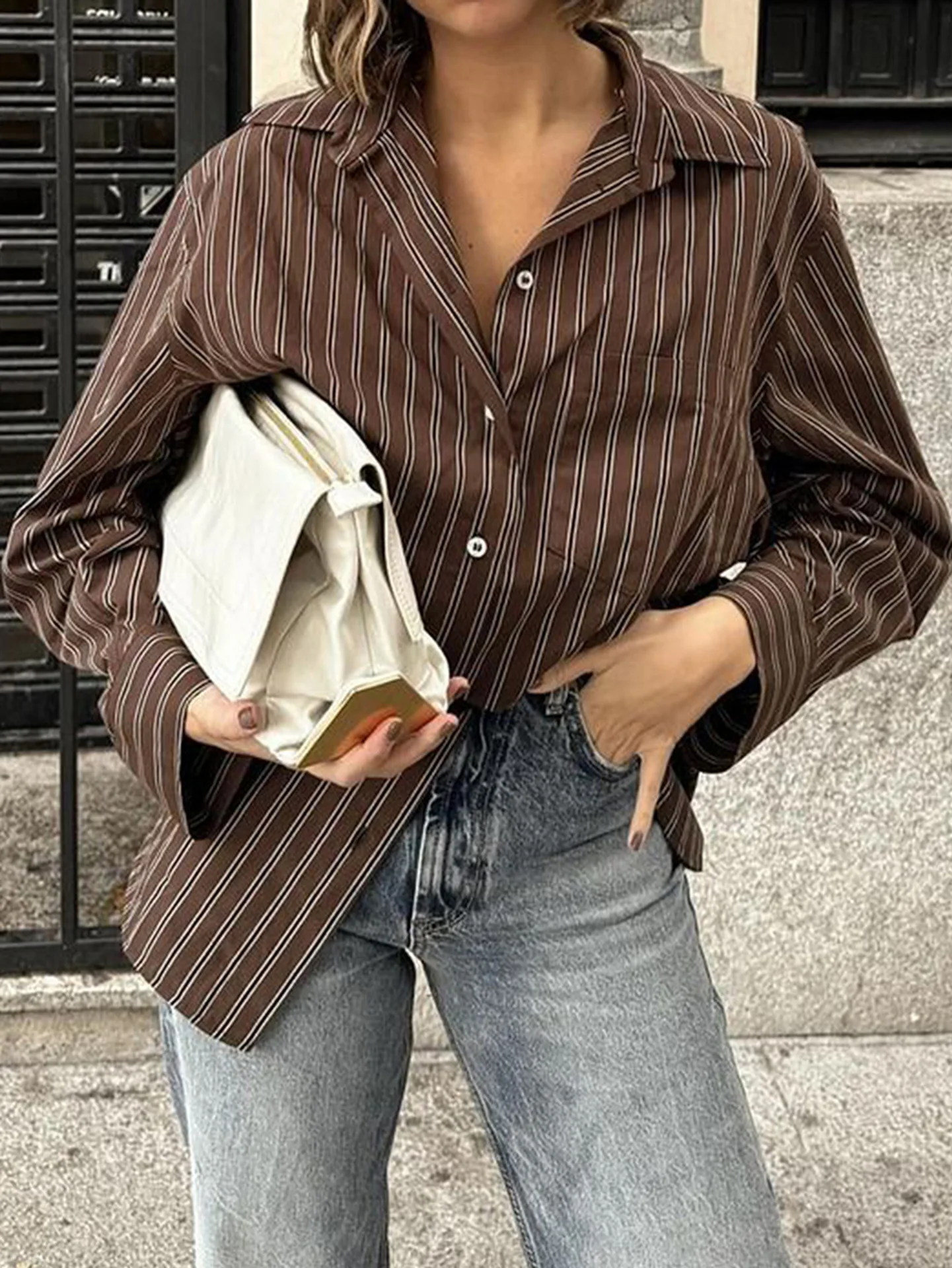 

Woman Blouse 2025 Spring Autumn New Fashion Striped Print Long Sleeved Turn-Down Collar Versatile Loose Fit Casual Daily Shirt