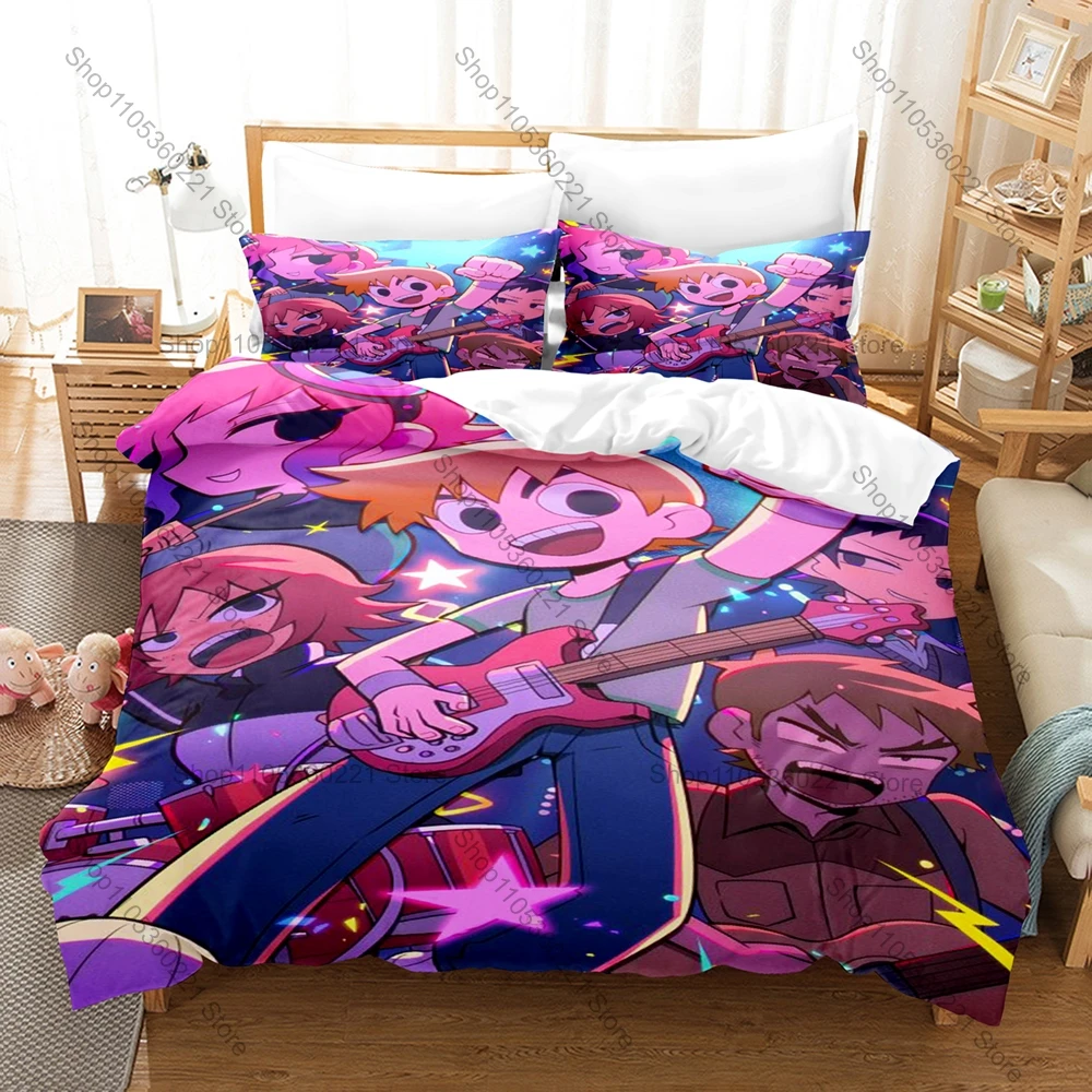 3 In 1 Scott Pilgrim Takes Off Themed Bedding, Duvet Cover + Two Pillowcases, Evil Exes Art Design Soft Fabric Gift