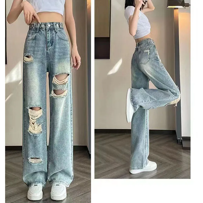 

2024 Summer Women High Waisted Hole Cowboy Trousers New Female Loose Fit High Waisted Wide Leg Draping Straight Leg Denim Pants