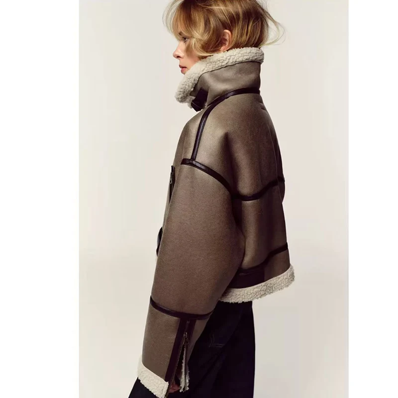 Retro Kurtka Motocyklowa z Kołnierzem, Barwiona Metodą Tie-Dye, z Futra i Skóry, Damska, Krótka, Casualowa, Luźny Krój, Jednolity Kolor, Zapinana na Zamek, Jesień Zima Nowość