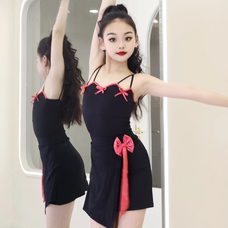

Summer Girls Latin Dance Clothes Black Latin Dress Practice Suit Kids Performance Costume Rumba Cha Cha Dance Clothing DNV23522
