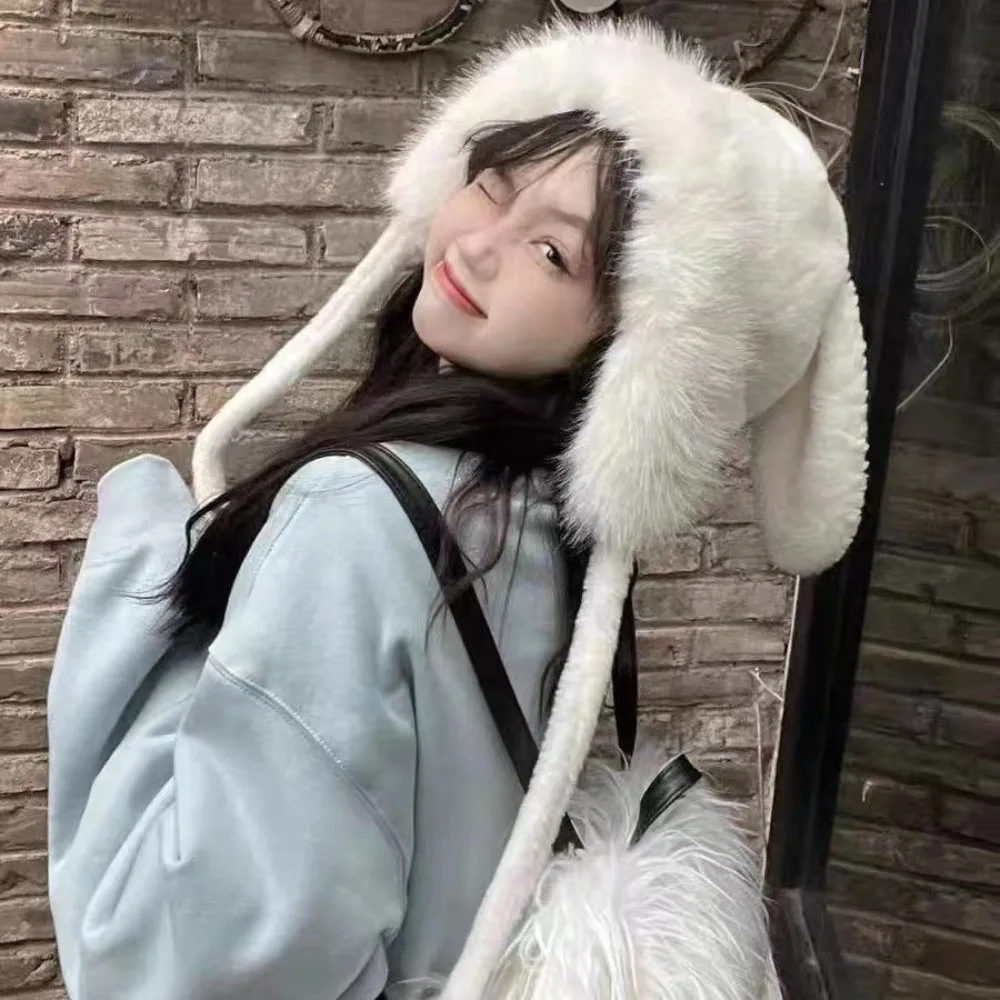 New Warm Winter Hat Lacing Ear Protection Bear Ears Hat Velvet Rabbit Ear Woolen Bucket Hat Women