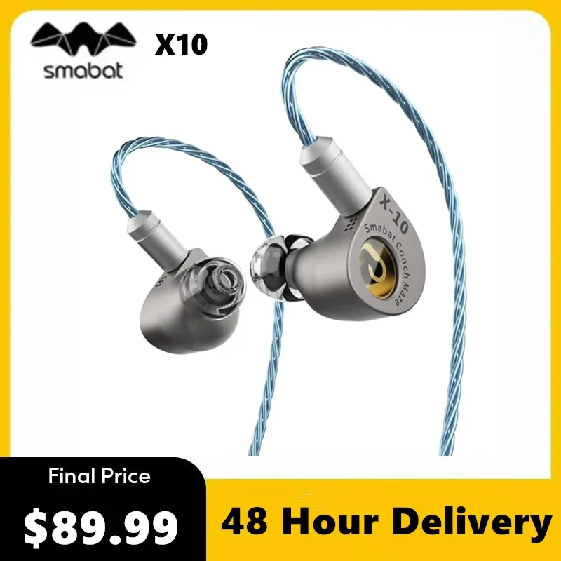 Fone de ouvido intra-auricular com fio Smabat X10 com unidade de bobina móvel dinâmica de 10 mm, membrana de pedra DLC para HIFI de alta fidelidade, cabo removível