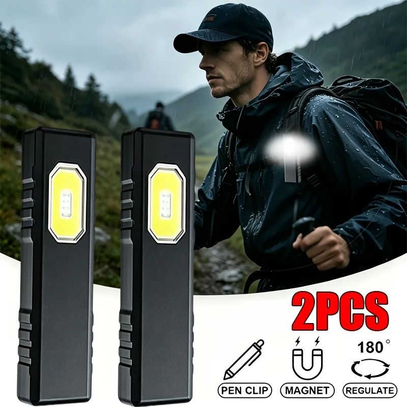 2-Pack Portable Magnetic Flashlights, 5 Lighting Modes, Hook And Magnetic Hands-Free Design, Compact, USB Rechargeable. Perfect for Camping, Hiking, Night And Emergency Use, Ideal Gift, Without Battery
