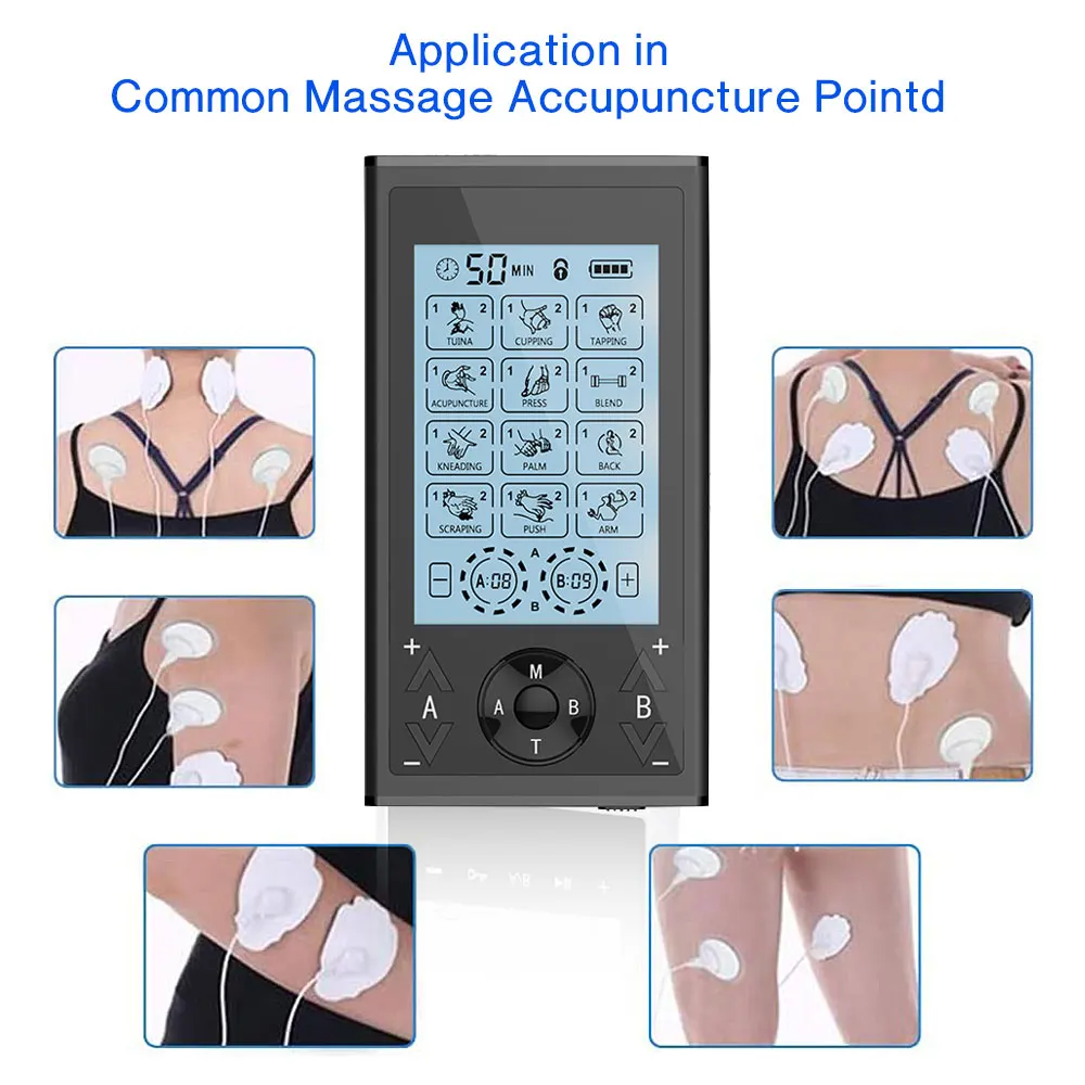 TENS UNIT EMS Стимулятор мышц для облегчения боли, восстановления тела, 24 режима, 4 выхода, физиотерапия, импульсный массажер для тела, электродные подушечки