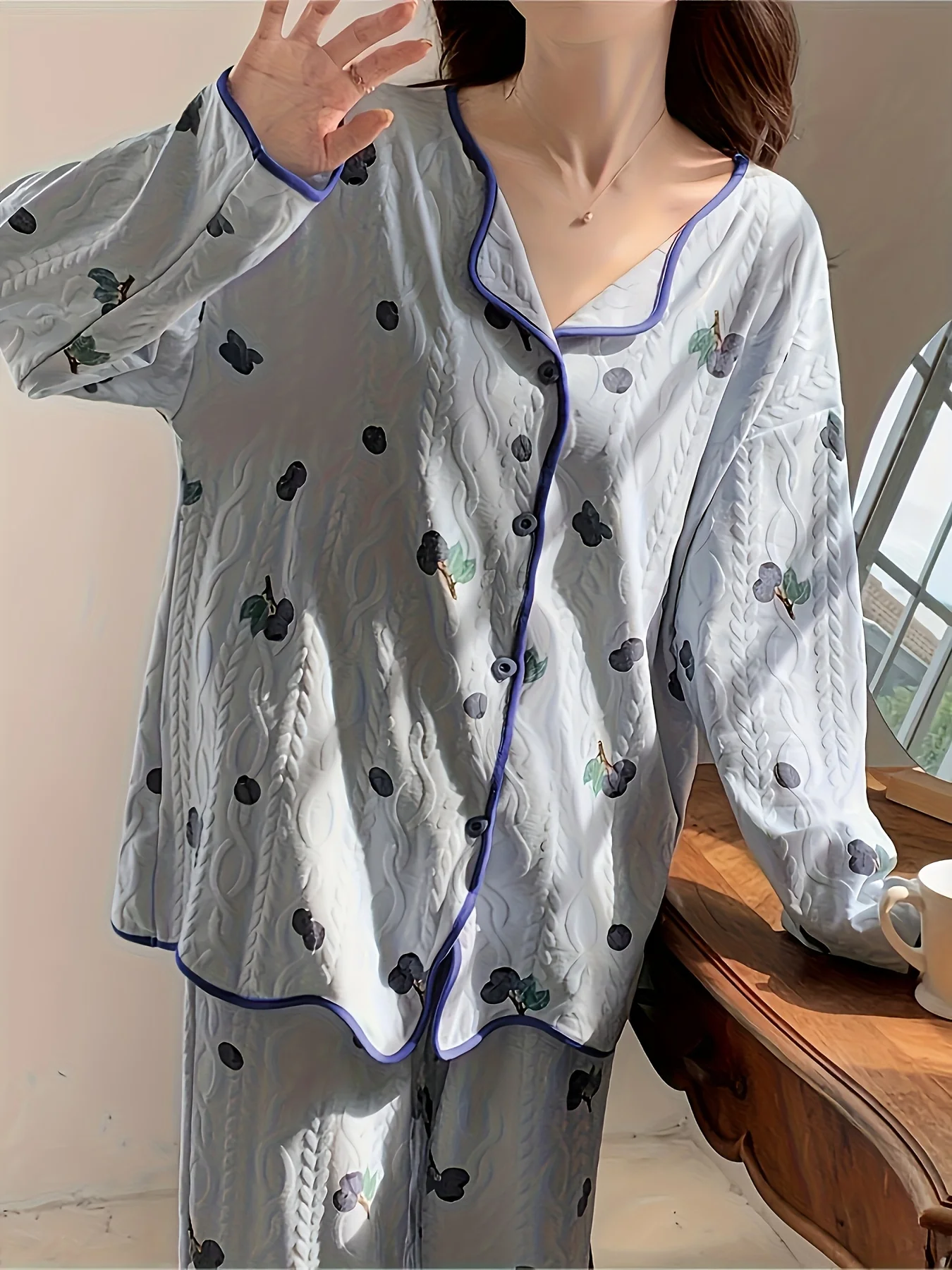 

New Women's Pajama Set for Autumn & Winter - Cute Blue Berry Print, Jacquard, Casual Style, Long-Sleeve V-Neck Top with Buttons