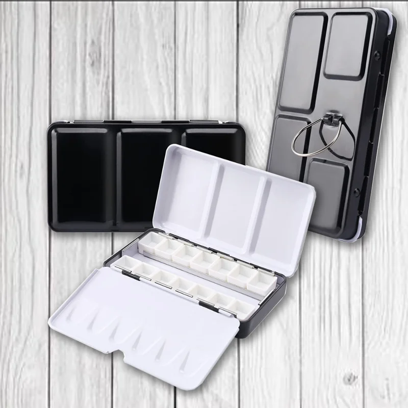 

14 Well Empty Pigment Iron Box Palette Thumb Ring Portable Durable for Solid Watercolor Outdoor Sketching Painting Exercises