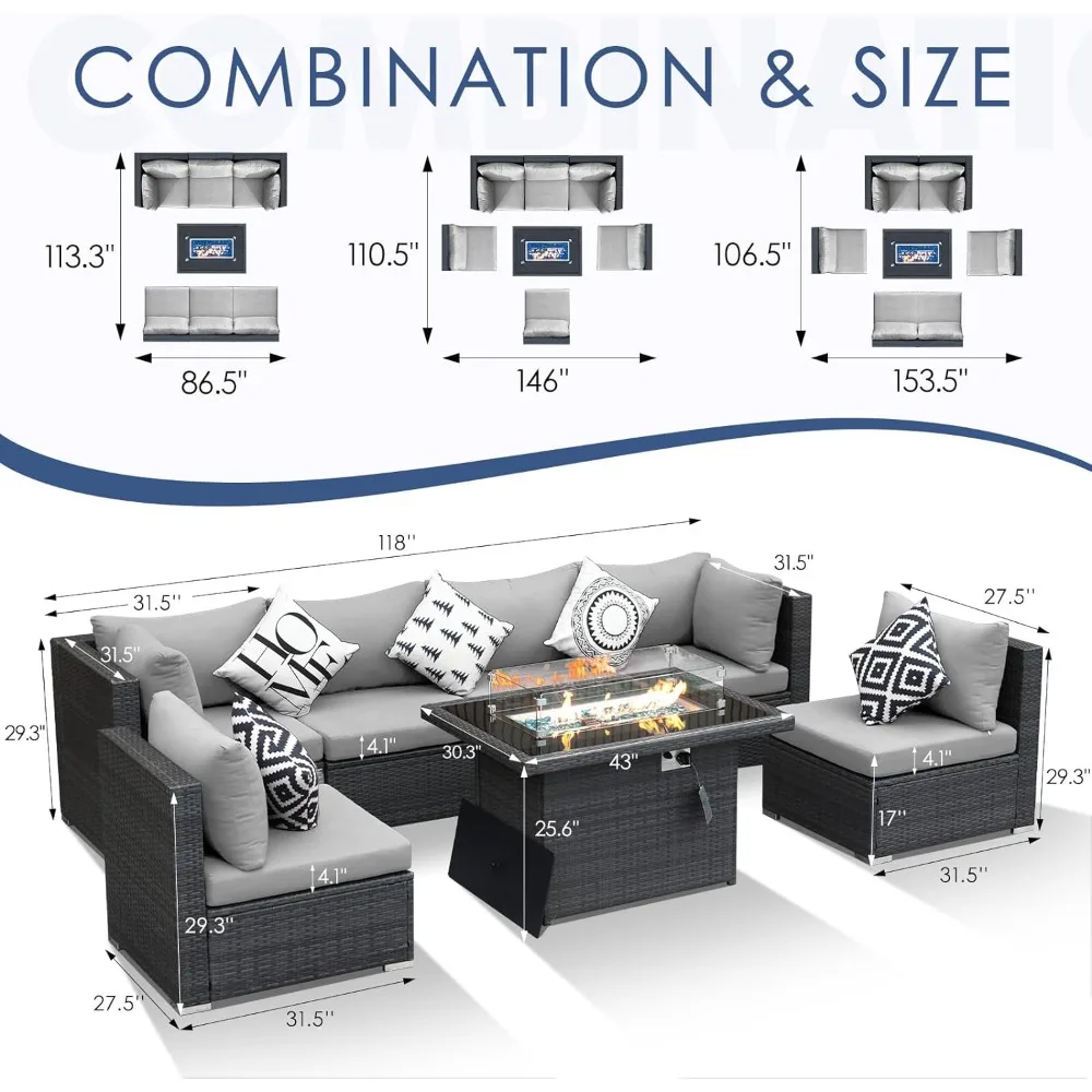 7 Pieces Patio Furniture Sofa Set with Natural Gas/Propane Fire Pit Table, 29.3'' High Back Extra-Large Wicker Conversations