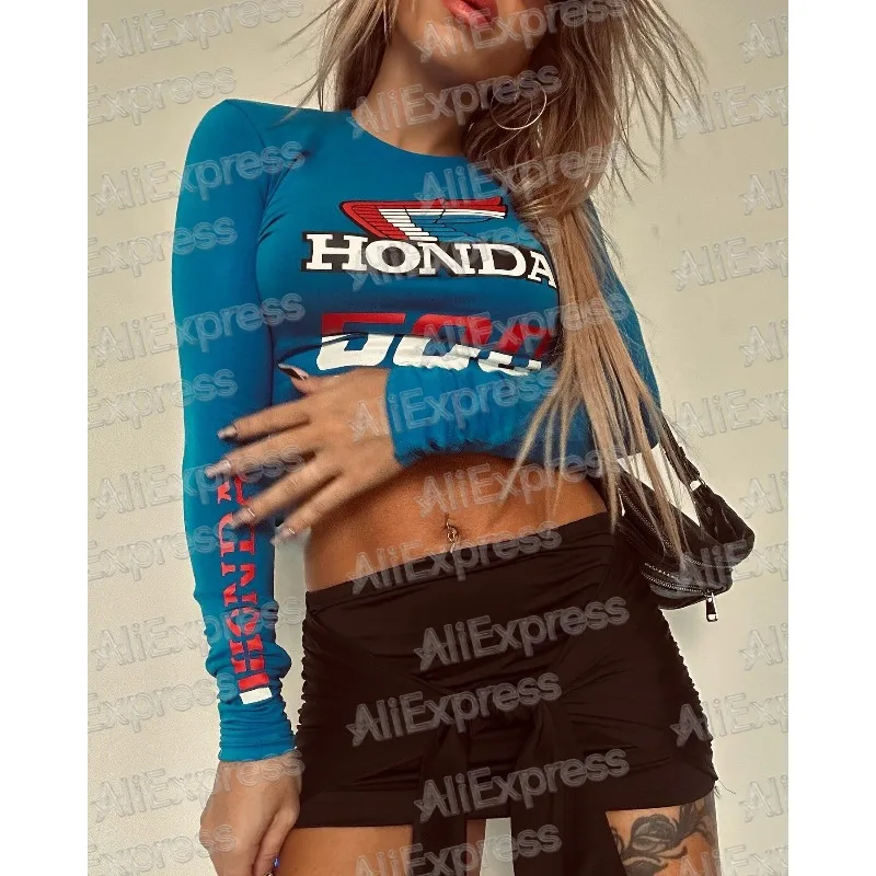 

Европейская и американская пикантная девушка Honda, обтягивающая футболка в гоночном стиле, осенние футболки с длинными рукавами и круглым вырезом с буквенным принтом, дикая базовая рубашка