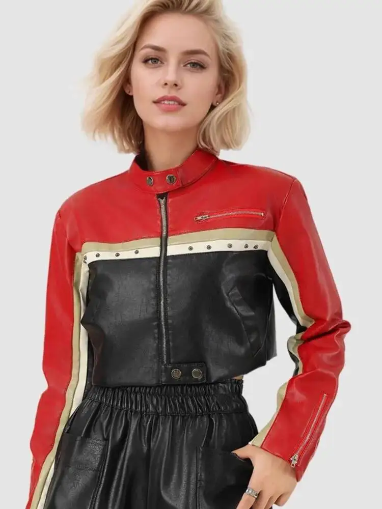 Cool Handsome Motorcycle Women's Waist Casual Contrast Splicing PU Leather Short Jacket New Fashion Female Zipper Coat