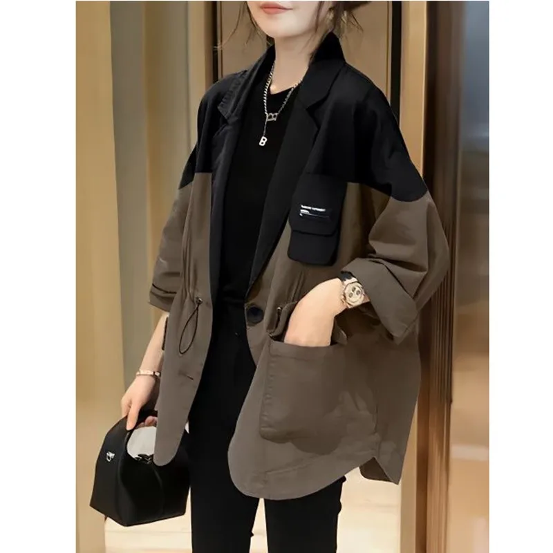 

2024 New Arrival Spring Korean Style Women Loose Patchwork Single Breasted Notched Collar Blazers Long Sleeve Casual Coat P05