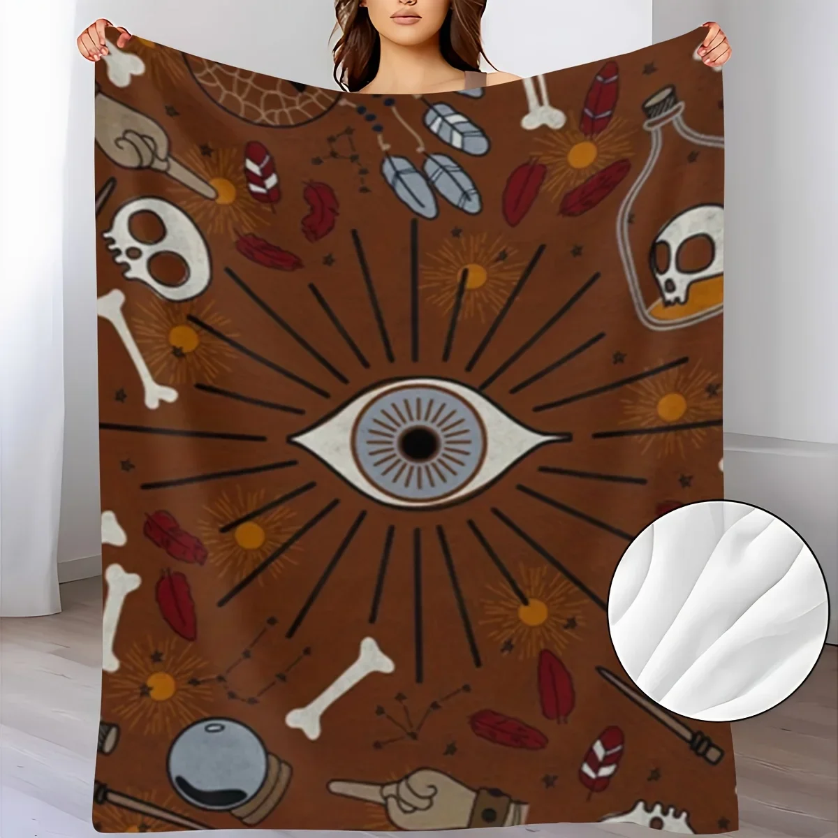 Bohemian Witchcraft Gothic Style Single-Sided Printed Blanket - Orange and Black Skull, Bones, Feathers & Vial Pattern, Soft Dur