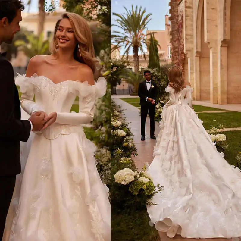 

Exquisite Beaded Wedding Dress A-line Satin Off Shoulder Long Sleeves 3D Flower Bridal Gown Customized Vestido De Novia