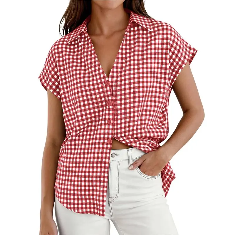 

Женские рубашки с коротким рукавом CYL, клетчатые блузки на пуговицах, повседневные летние деловые топы в стиле гингем для работы
