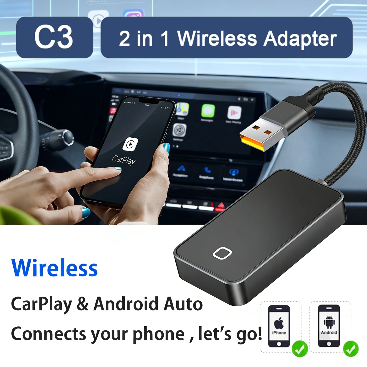 

Беспроводной адаптер CarPlay Android Auto, преобразует штатное проводное подключение в беспроводное, быстрое соединение, автоматическое повторное подключение, больше никаких кабелей.