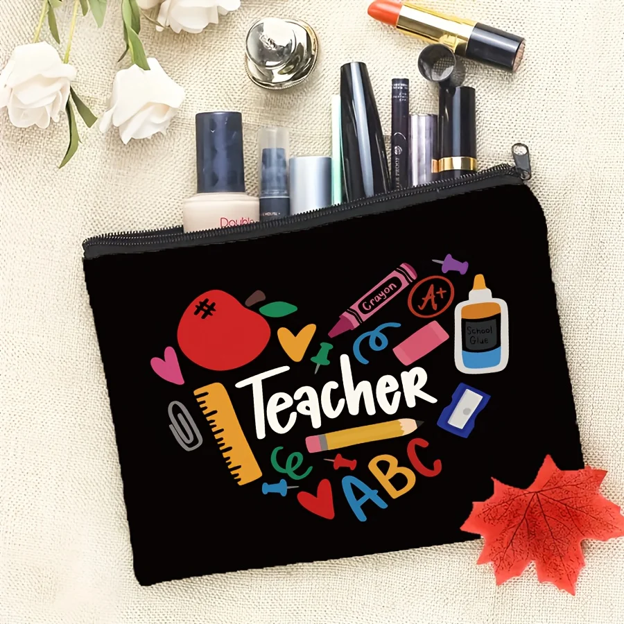 

A Teacher Heart-shaped Patterned Makeup Bag - Cute Multifunctional Zipper Pouch for Women, Jewelry Storage Bag