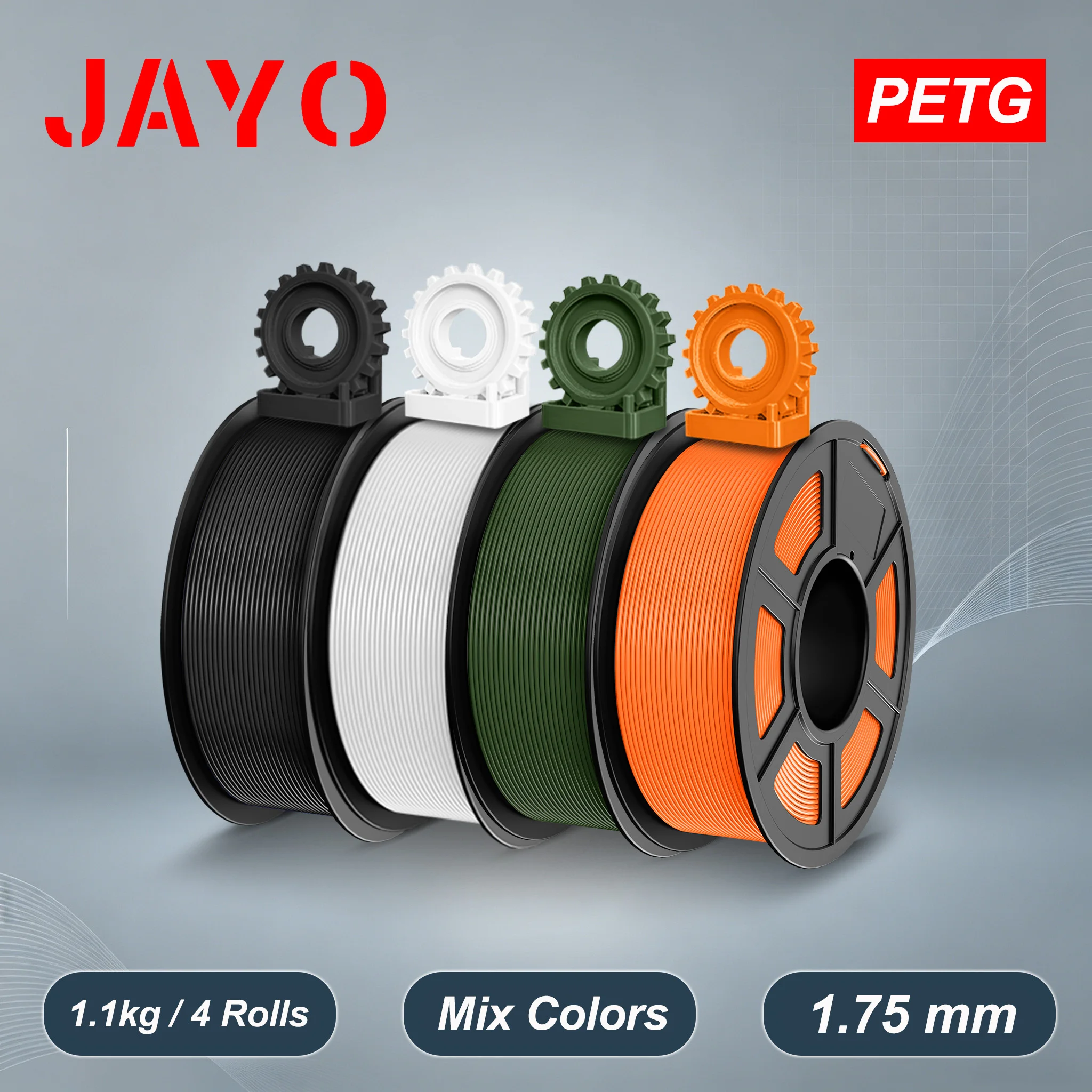 JAYO 3D PETG/PETG Transparent Filament 1.75mm  Filament For Bambu FDM 3D Printer PETG Neatly Wound 3D Printing Material 4Rolls