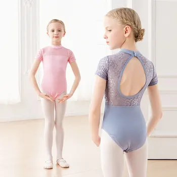 Jimnastik Leotard bale çocuk dans Bodysuit mayoları kızlar dantel Splice kostümleri çocuk standı yaka bale dans Leotard
