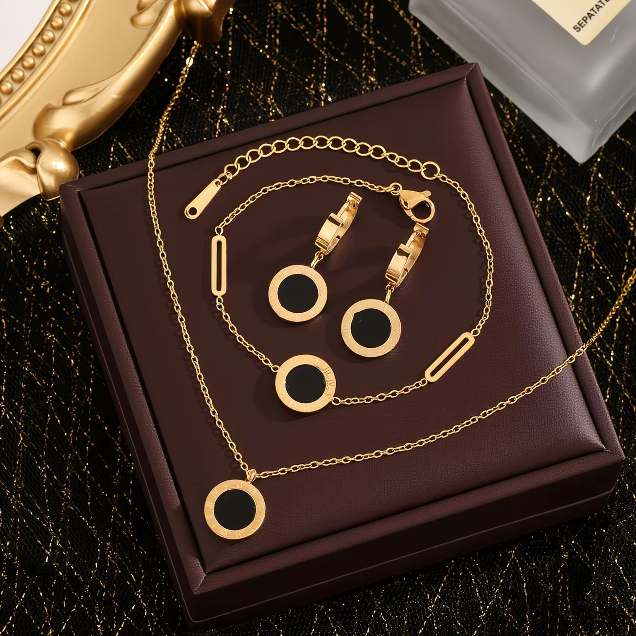 3pcs Roman Digital Pendant Necklace Earrings Bracelets Set Black Shell Glossy Stainless Steel Wedding For Woman Men Jewelry Sets
