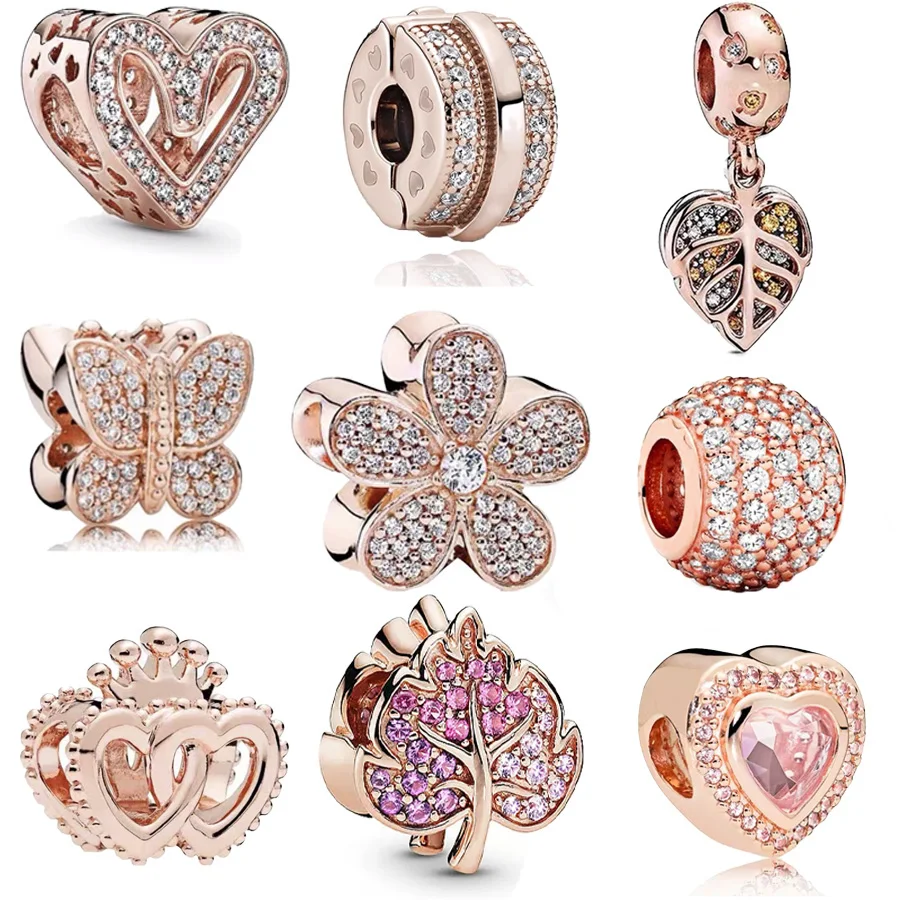 NEW Rose Gold Plated Maple Leaf Butterfly Heart Charm Bead Fit Original 925 Sterling Silver Pandora Bracelet DIY Jewelry Gift