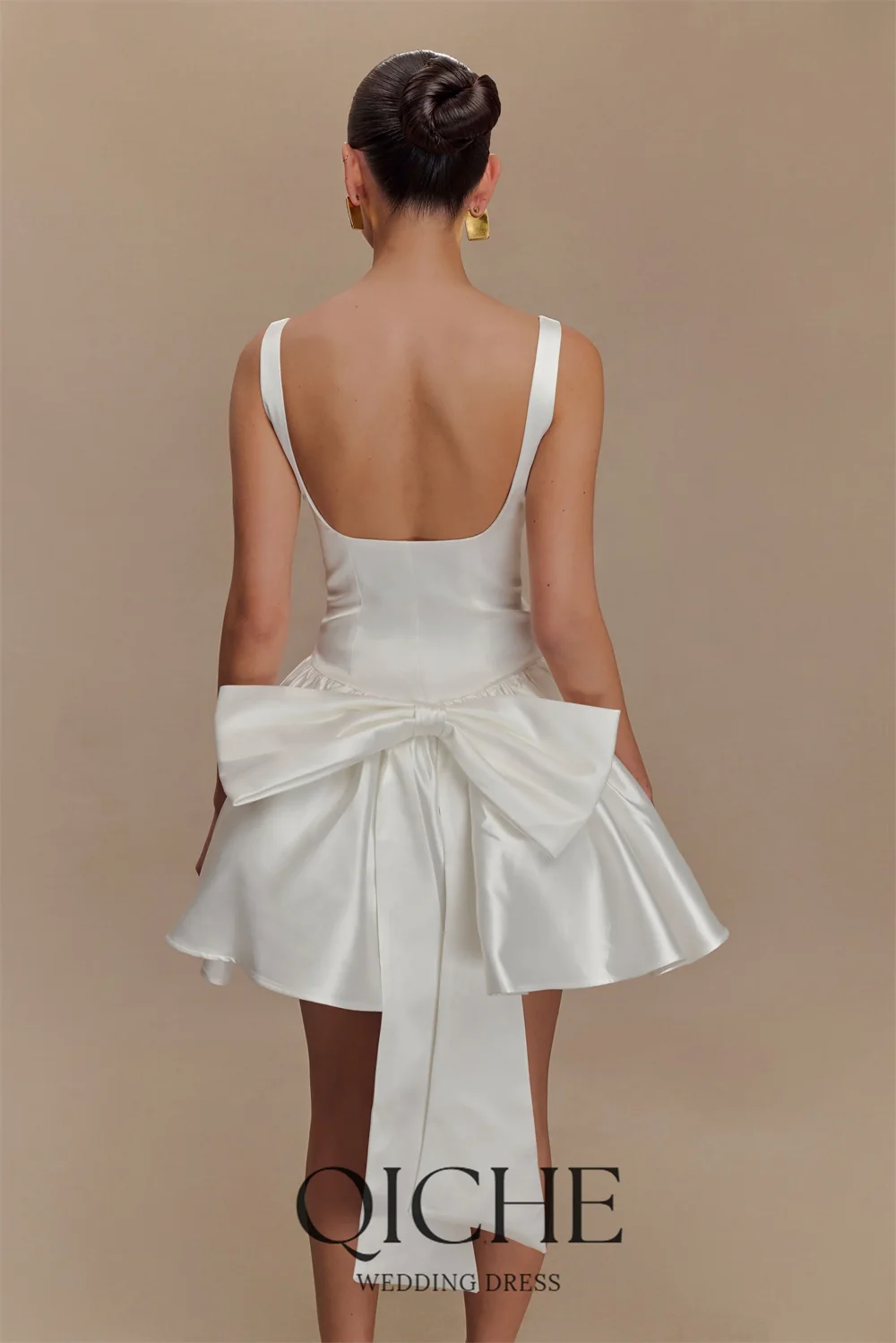 QICHE Mini Wedding Party Dresses U-Neck Sleeveless Short Bridal Gown Customized A Line Backless Wedding Prom Dress for Bride