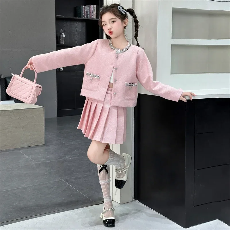

autumn design chic teen girls clothes set Round neck crystal lace jacket+Pleated skirt 2pcs junior kids suit child outfits 4-14