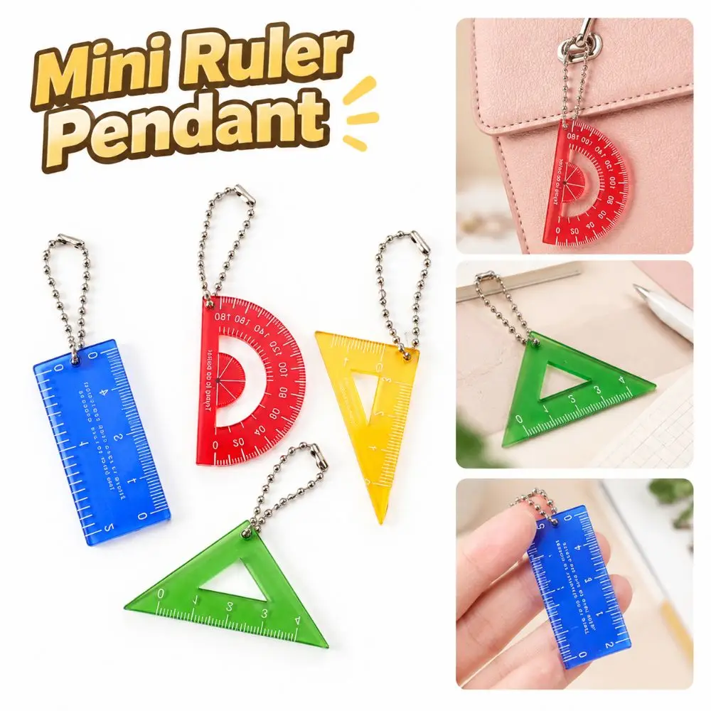 4Pcs Cute Acrylic Mini Ruler Pendant Translucent Colorful Protractor Charm Triangle Ruler Stationery Gift