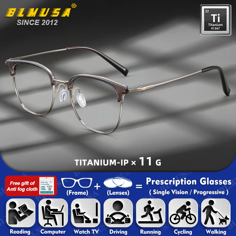 

BLMUSA (M) Pure Titanium Oversize Square Frame Myopia Computer Prescription Glasses Men Retro Progressive Reading Eyeglasses