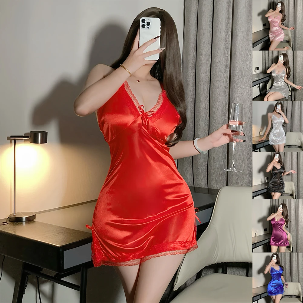 Sexy Lingerie Women's Satin Camisole Nightgown Thong Sleepwear Lace Slit Bowknot Underwear Ultra-Thin Summer Pajamas Night Dress image 2