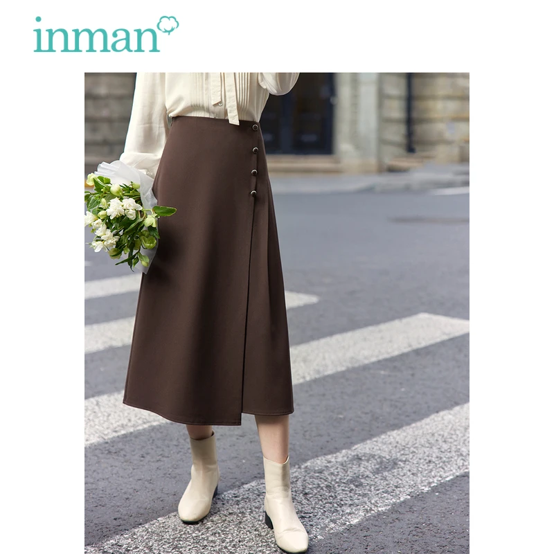 INMAN Women Skirt 2023 Autumn High Waist A-shaped Irregular Design French Commuting Elegant Coffee Black Mid-length Skirt