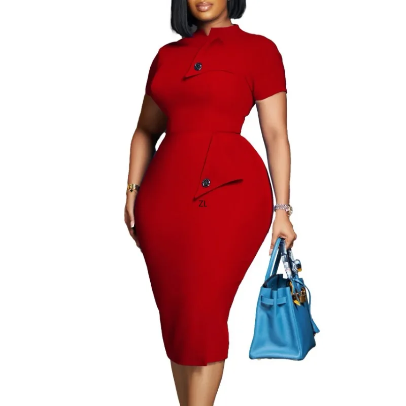 

Summer Elegant African Short Sleeve Blue Yellow Red High Waist Polyester Bodycon Dress Africa Clothing African Dresses for Women