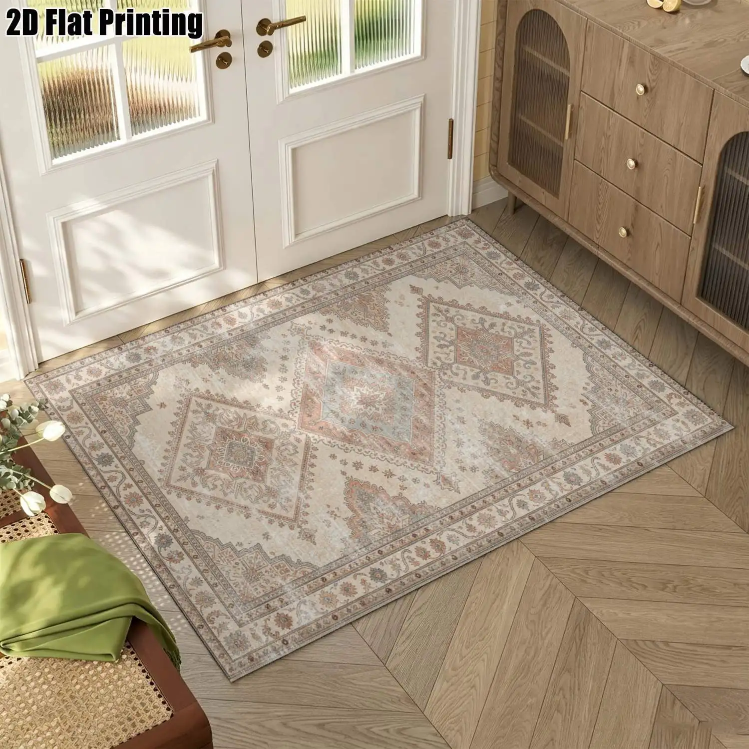1Pc 2D Printed Carpet: Warm Brown Retro Geometric Patterns, Vintage European Bohemian Style, Multi-Size, Machine Washable, Ideal for Home Decor & Various Spaces
