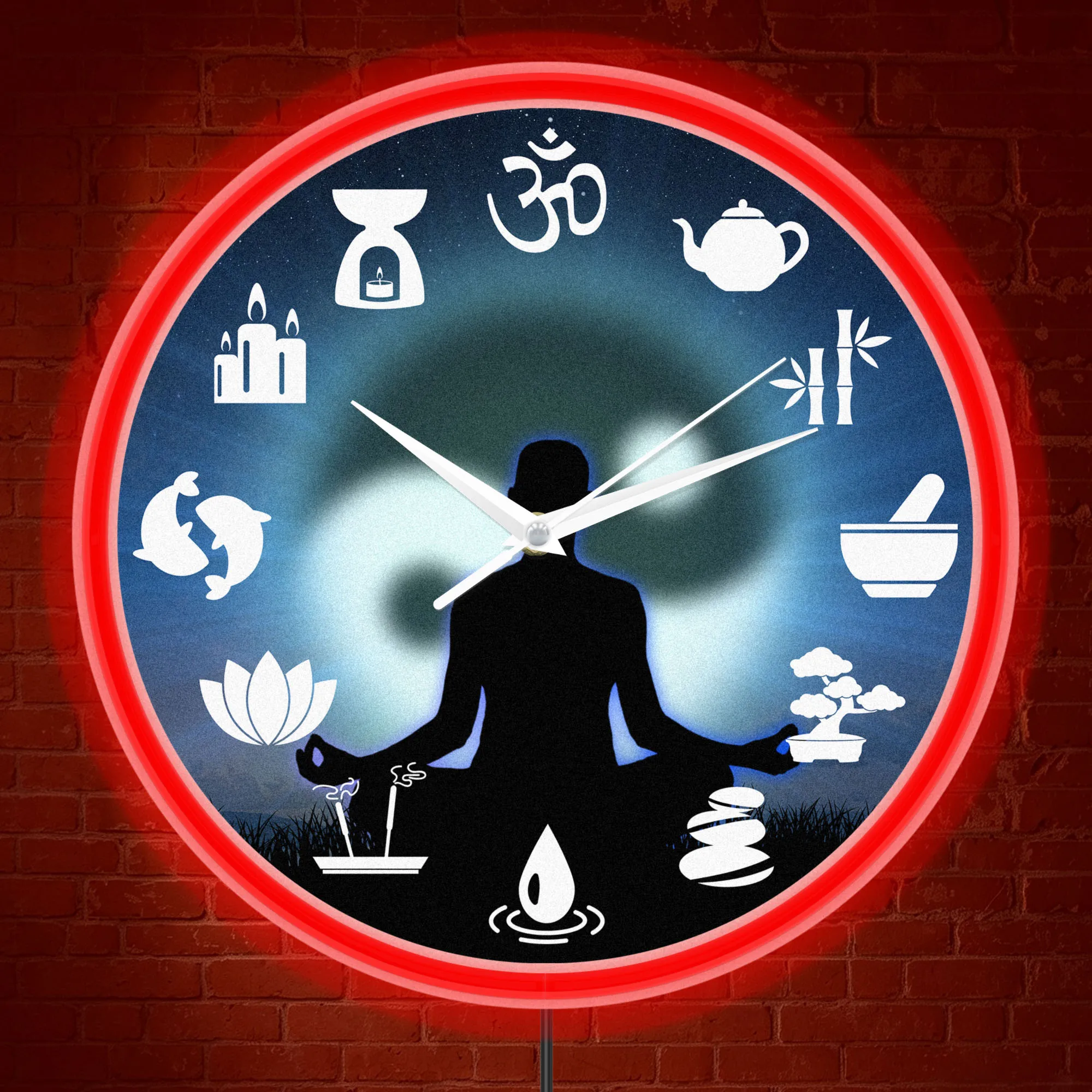 Om Symbol Yoga Lotus Wall Clock Glow in the Dark for Yoga Studio Spa Room Illuminated Sign Zen Meditation LED Neon Wall Clock